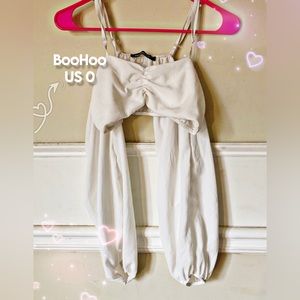 BOOHOO WHITE Off Shoulder Frill Trim Flounce Sleeve Ruffle Hem Crop Blouse